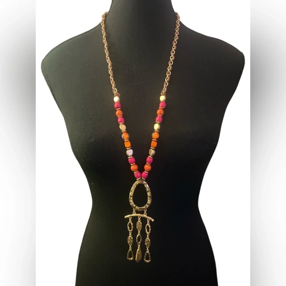 Erica By Lyons Bohemian Pink, Orange Beaded Necklace with Artistic Pendant NWT - Picture 1 of 4